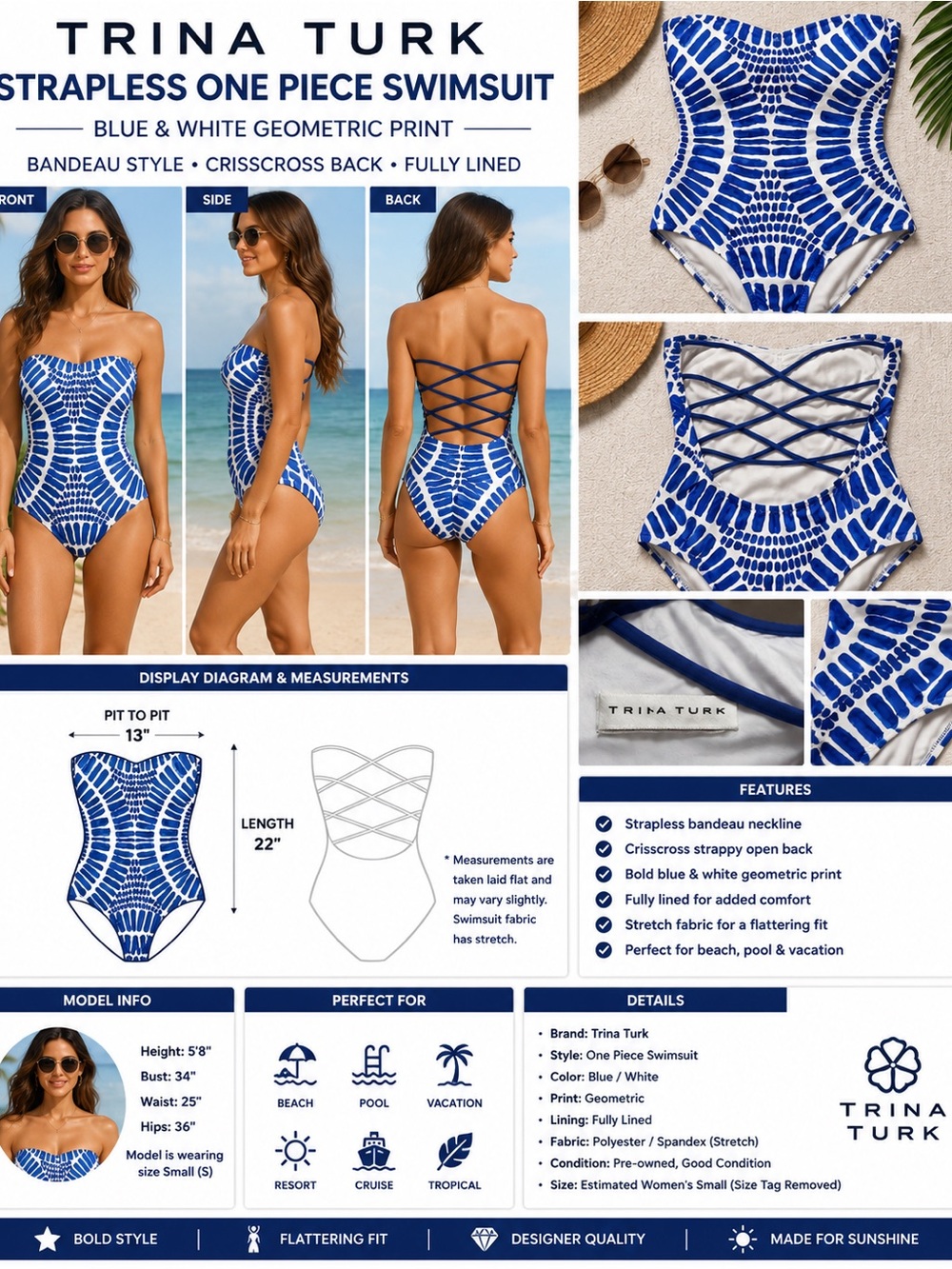 Trina Turk Strapless One Piece Swimsuit Blue White Crisscross Back Women's S